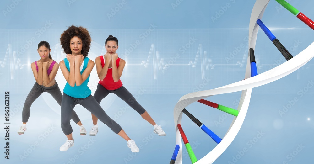 aerobic women with colors dna chain. Blue background