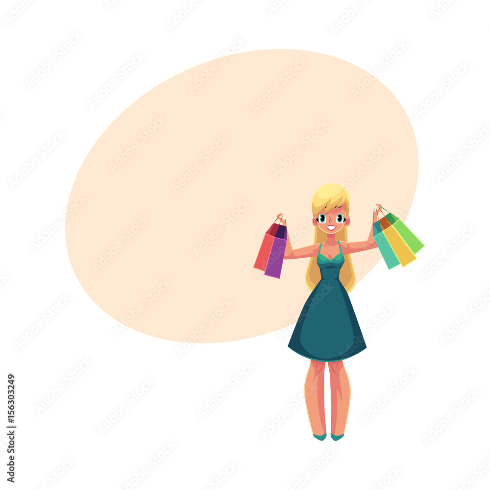 Happy blond girl, woman in summer dress holding shopping bags, sale concept, cartoon vector illustra