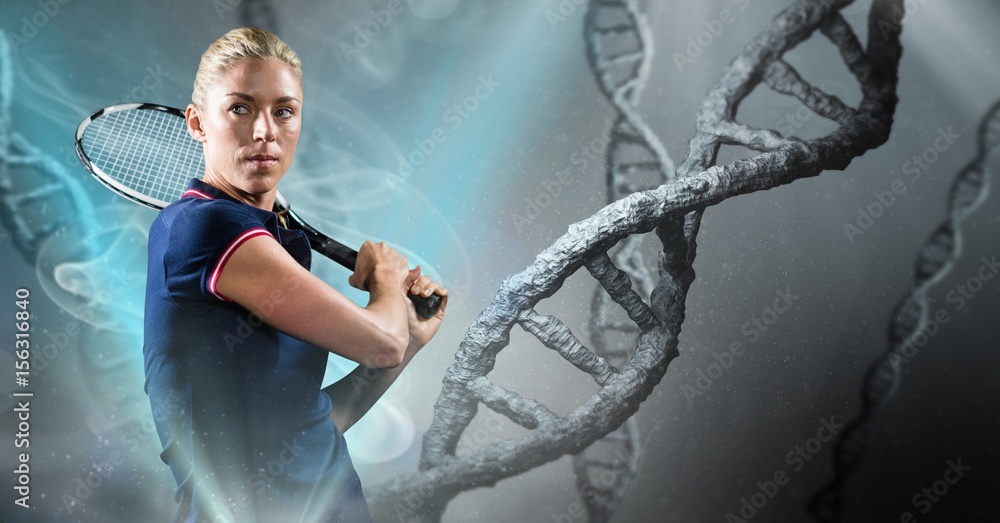 Tennis player with grey dna chain background and blue lights