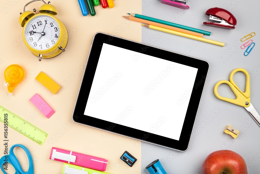 School and office supplies on tablet.