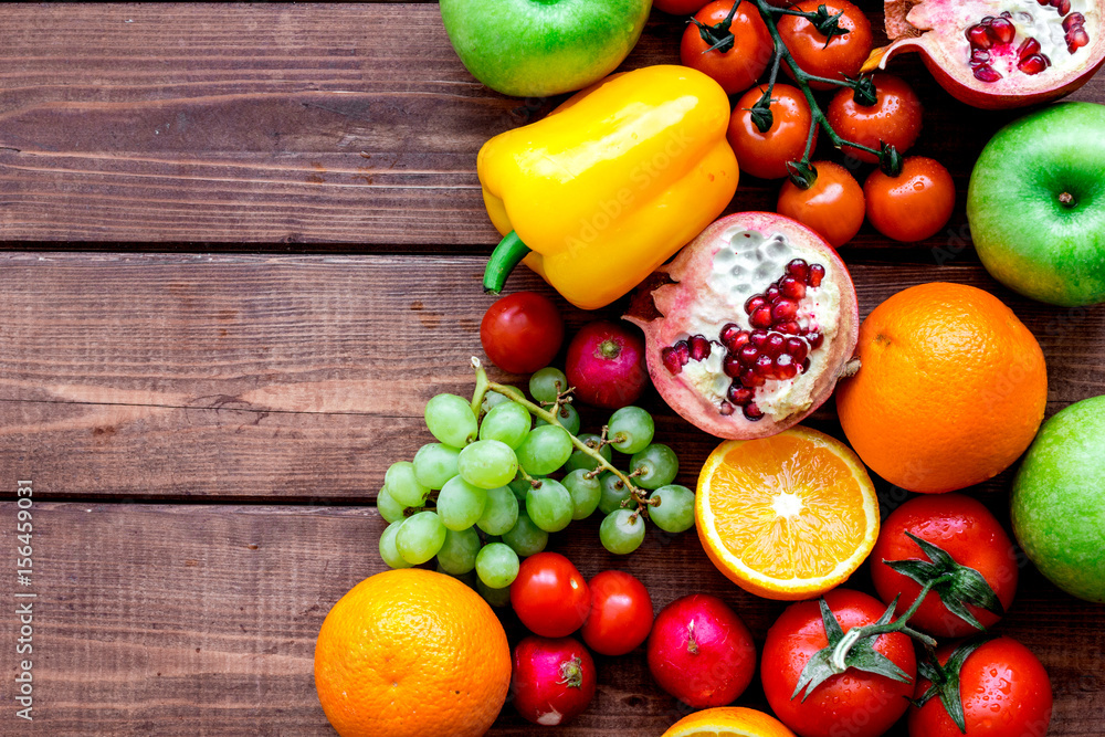 cooking salad with fresh fruits and vegetables on wooden background top view mock-up