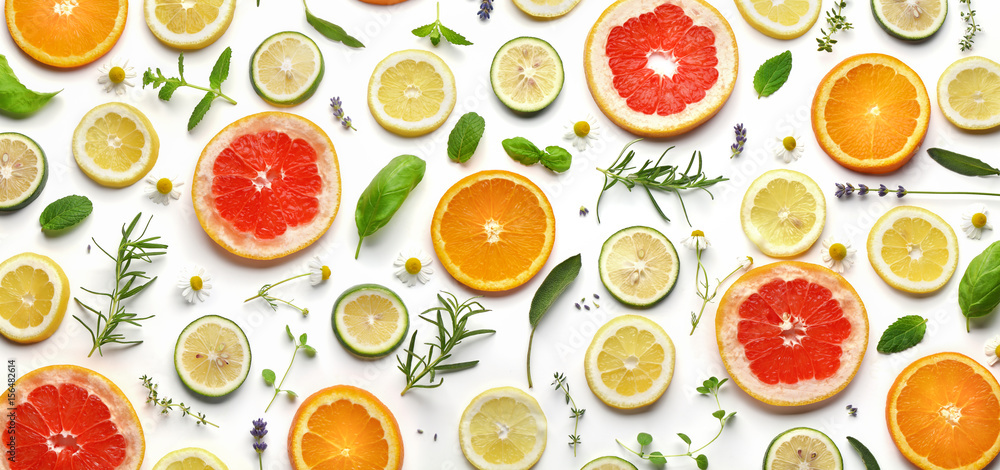 Sliced fruits and herbs