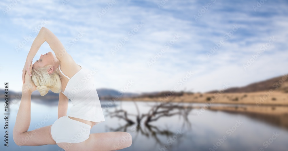 Double exposure of beautiful woman doing yoga 