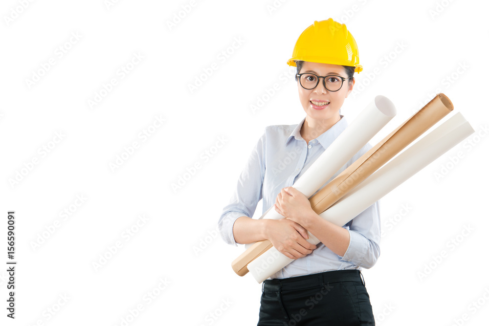 woman developer holding with many blueprint