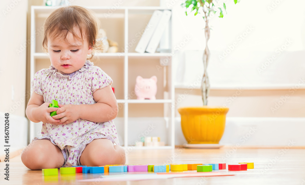 Cute toddler girl playing with her toys