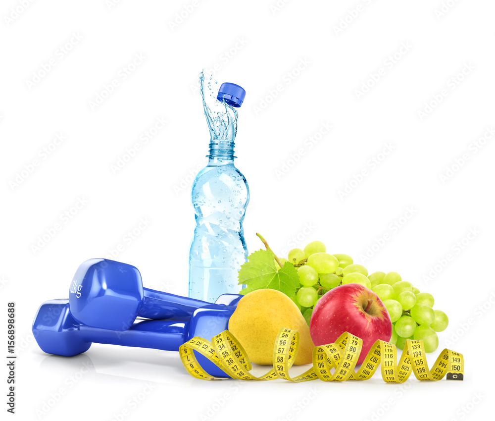 Diet concept with dumbbells, water, measuring tape and fruits isolated on white background