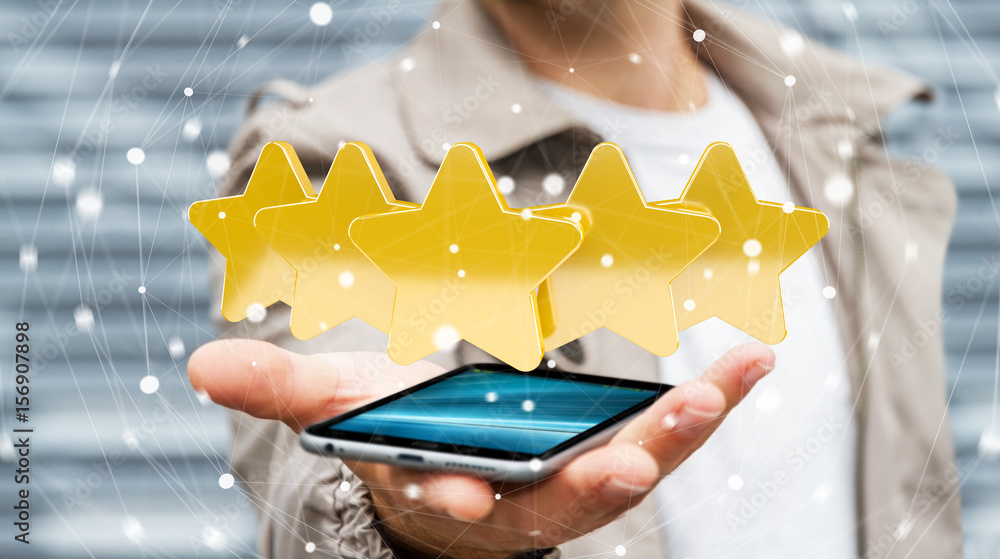 Businessman rating stars with his mobile phone 3D rendering