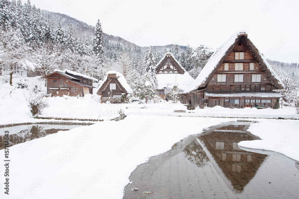 World Heritage Site Shirakawago village with snow in winter