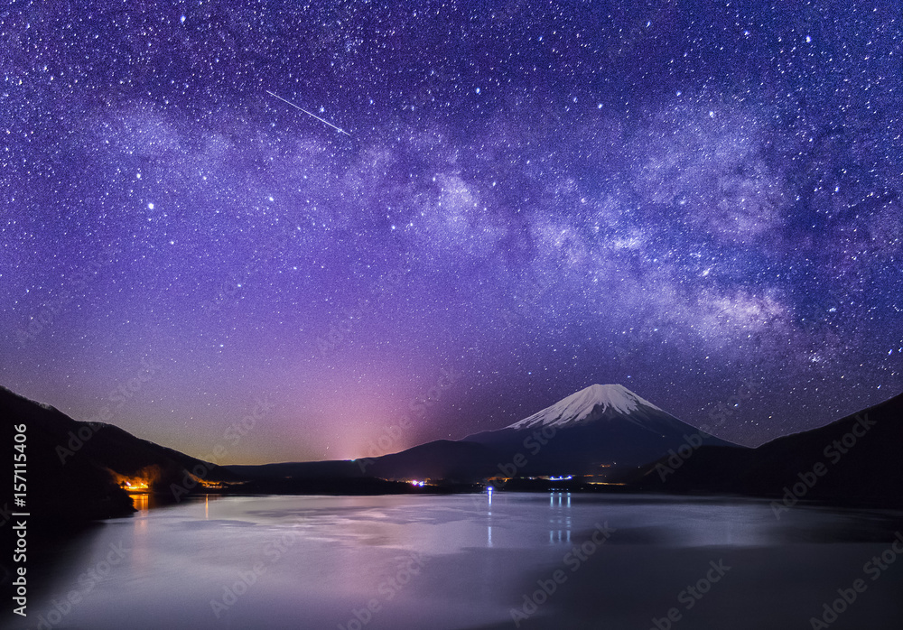 Mountain Fuji and Milkyway at Lake Motosu in winter season