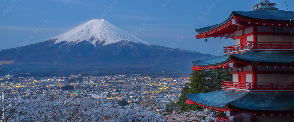 Mountain Fuji and red pagoda in cherry blossom sakura season