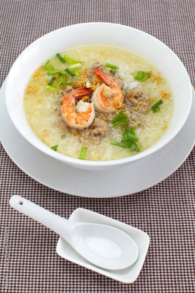 Rice soup bowl with shrimp and pork