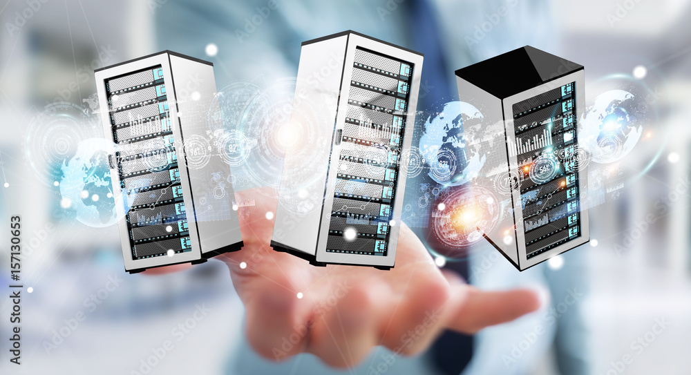 Businessman connecting servers room data center 3D rendering