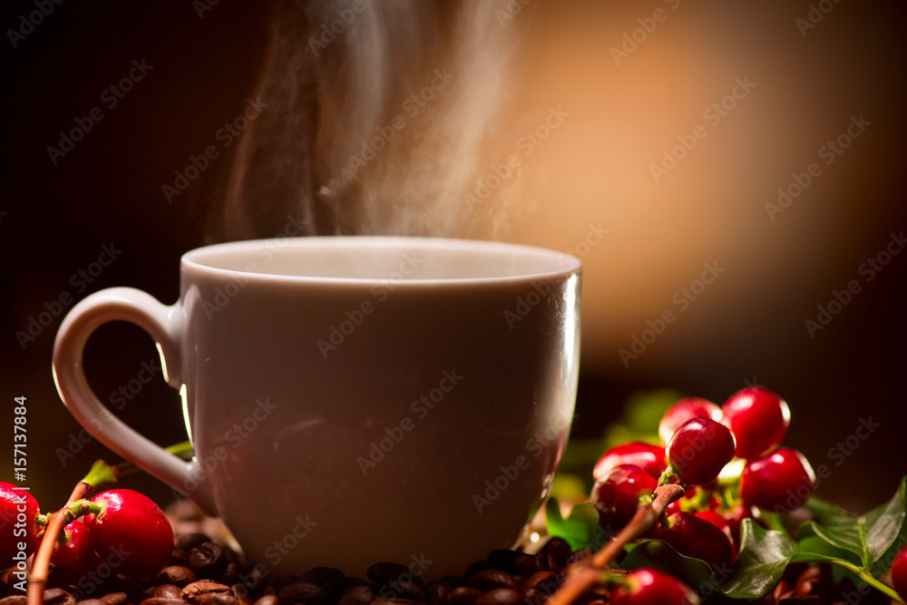 Coffee. Cup of steaming coffee with the ripe coffee berries