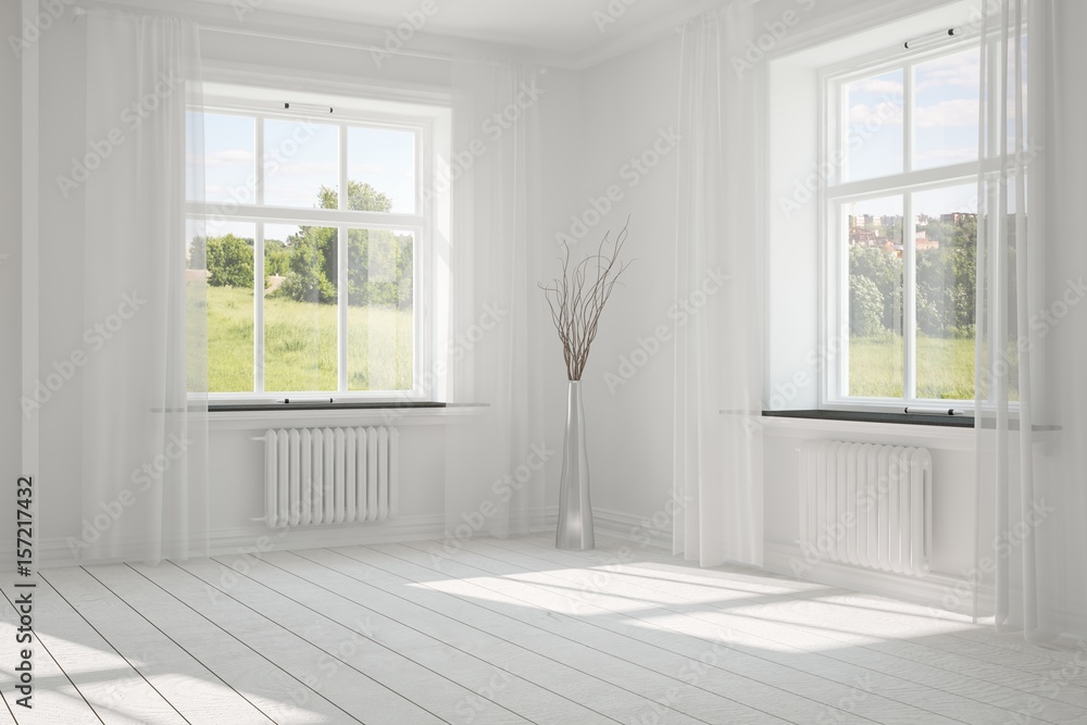 White empty room with green landscape in window. Scandinavian interior design. 3D illustration