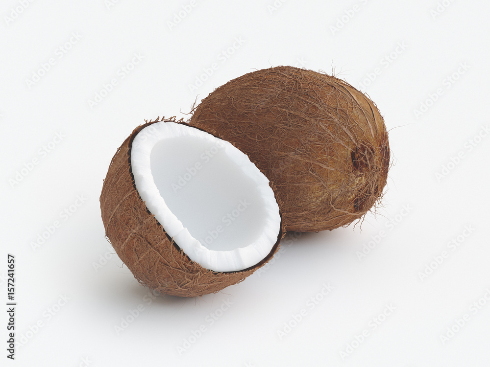 Cocco realistico, due noci di cocco su sfondo bianco, 3d