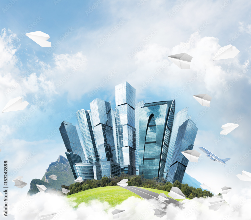 Concept of eco green life as elegant business center on white clouds