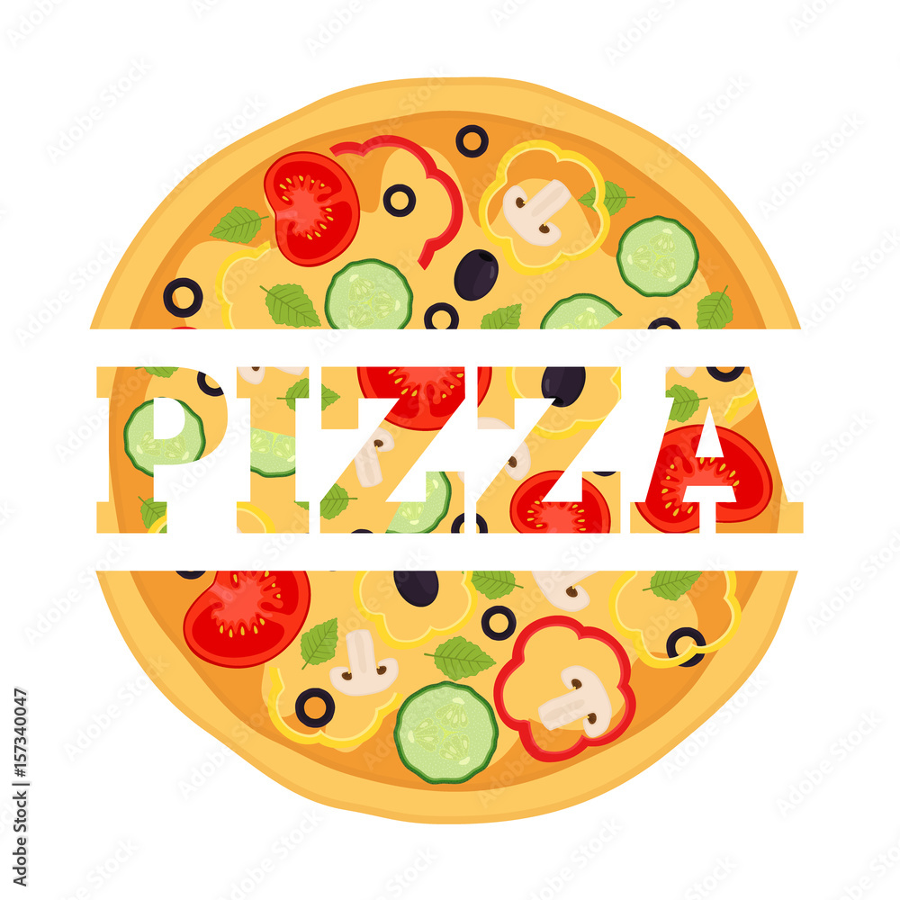 Vegetarian pizza, margherita logo, label. Made in cartoon flat style