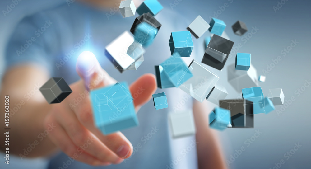 Businessman touching floating blue shiny cube network 3D rendering