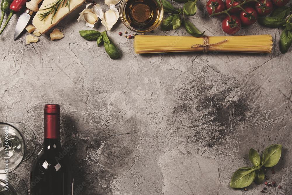 Italian food background. Slate background with space for text