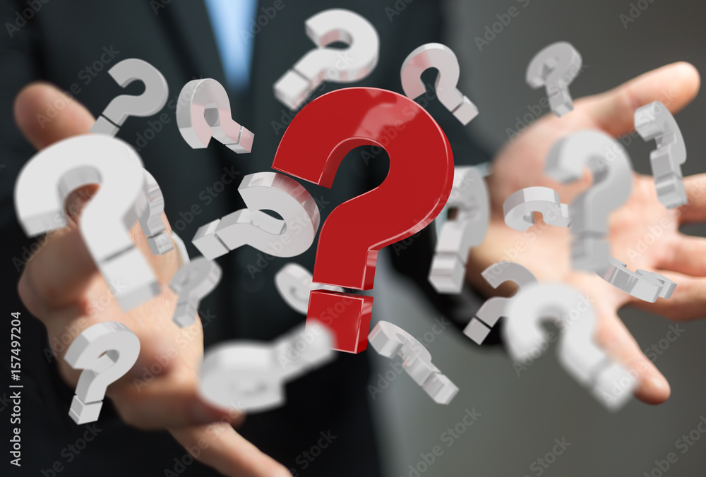 Businessman using 3D rendering question marks