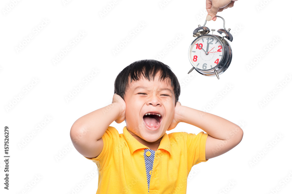 Shocked pupil with big alarm clock giving from his mom.