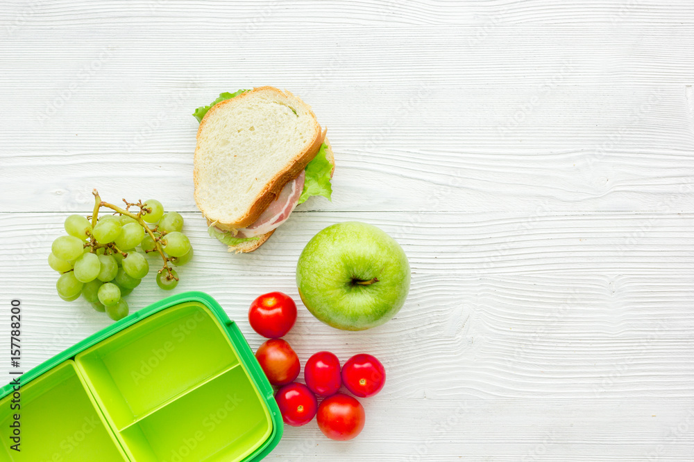 take away with lunchbox and fresh food on white background top view space for text