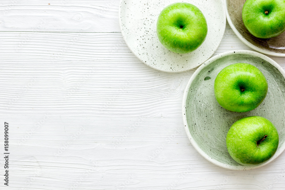 ripe green apples white table background top view space for text