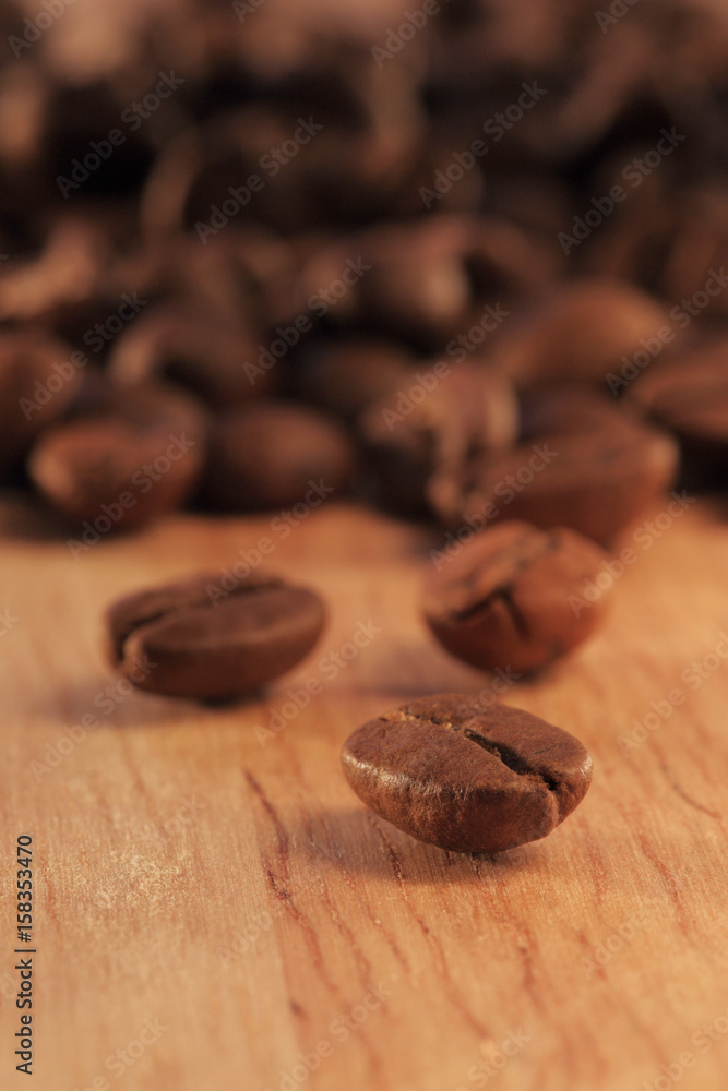 The grain of coffee is close-up.