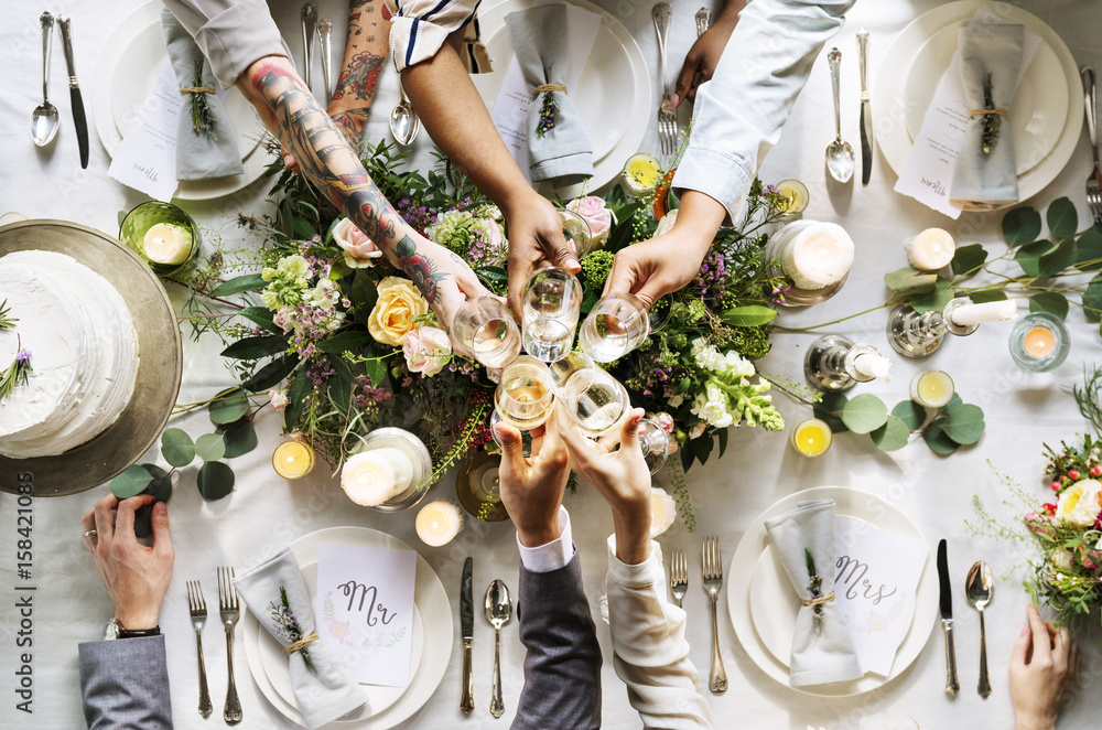 People Cling Wine Glasses on Wedding Reception with Bride and Groom