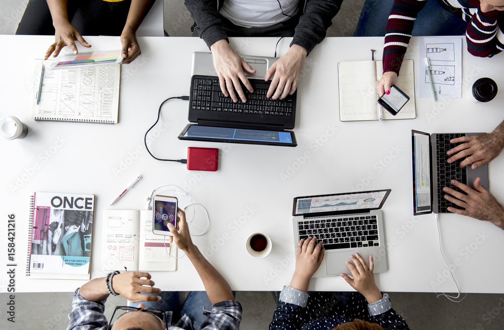 People Hands Working Using Laptop on White Table