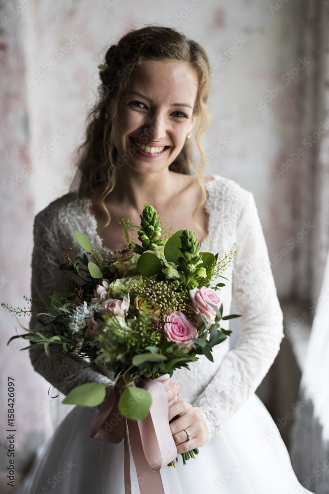 Attractive Beautiful Bride Holding Flowers Bouquet