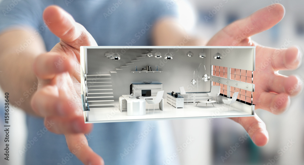 Businessman holding white 3D rendering apartment