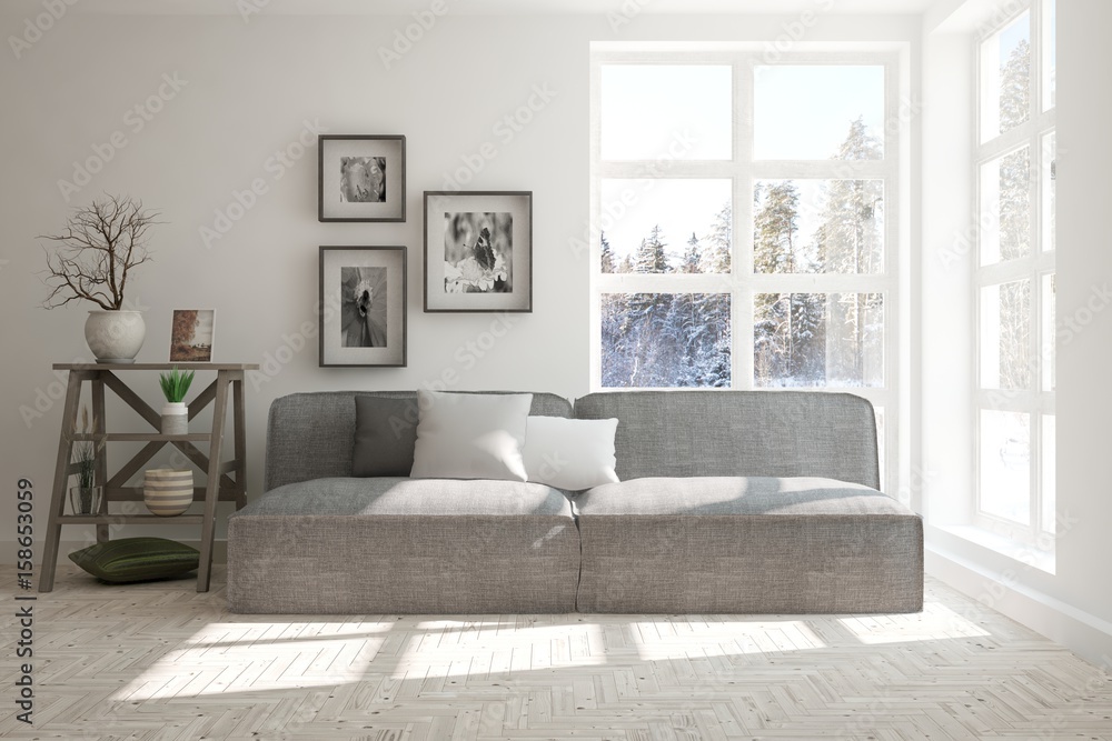 White room with sofa and winter landscape in window. Scandinavian interior design. 3D illustration