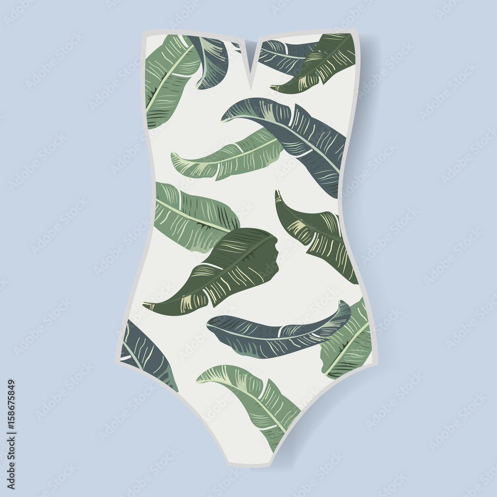 Woman swimwear with green leaves print vector illustration