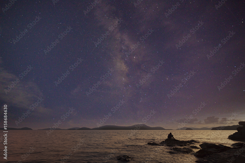 摄影师在泰国银河系的夜景岩石上进行天体摄影。