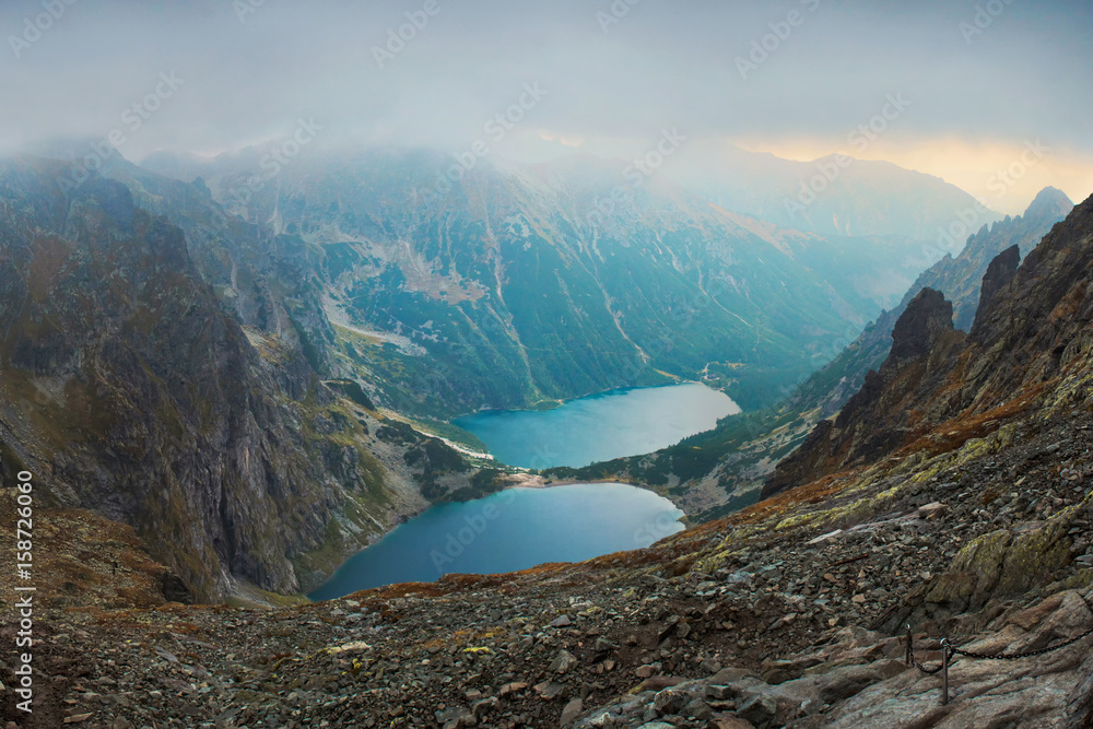 Morskie Oko lake in Tatra Mountains at sunset