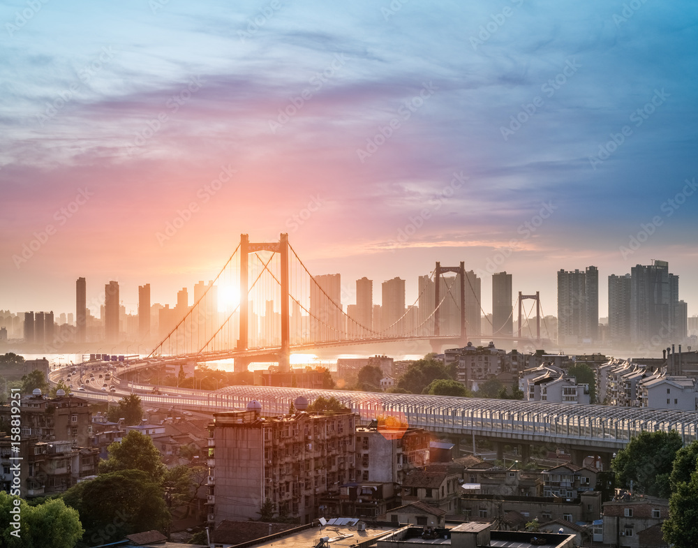 suspension bridge at dusk