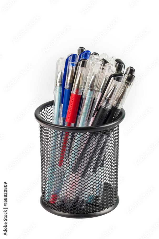 gel pens in metal pot isolated