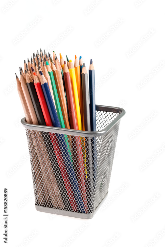 color pencils in metal pot