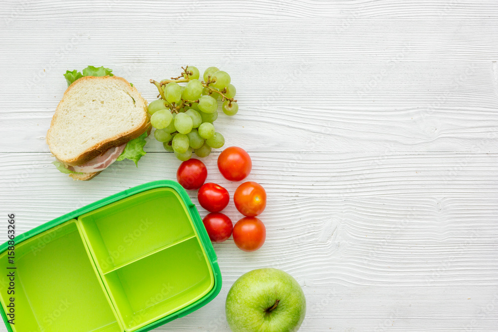 take away with lunchbox and fresh food on white background top view space for text