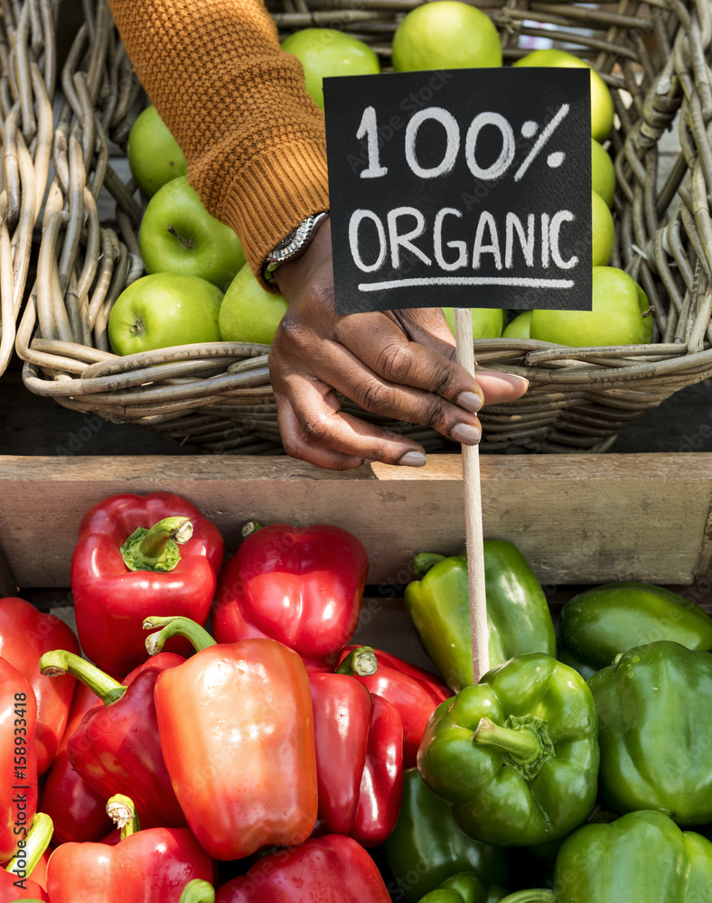 Greengrocer selling organic fresh agricultural product at farmer market