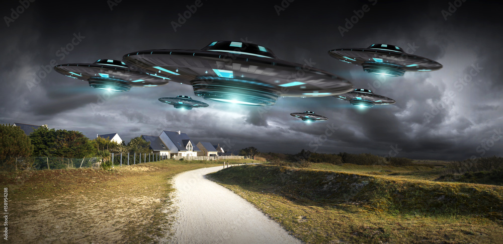 UFO invasion on planet earth landascape 3D rendering