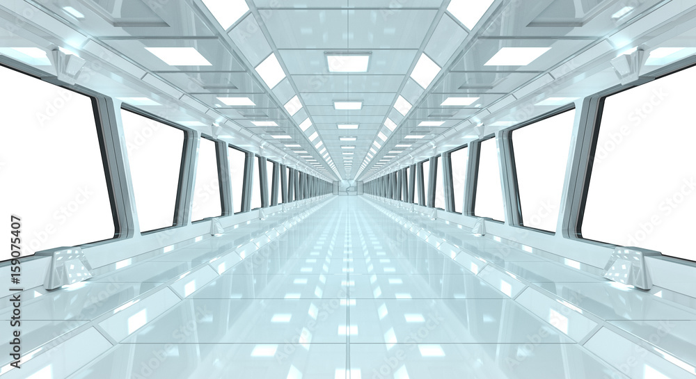 Spaceship white corridor 3D rendering