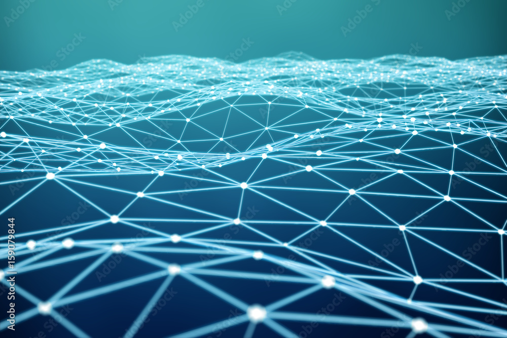 Floating white and blue glowing dot network 3D rendering