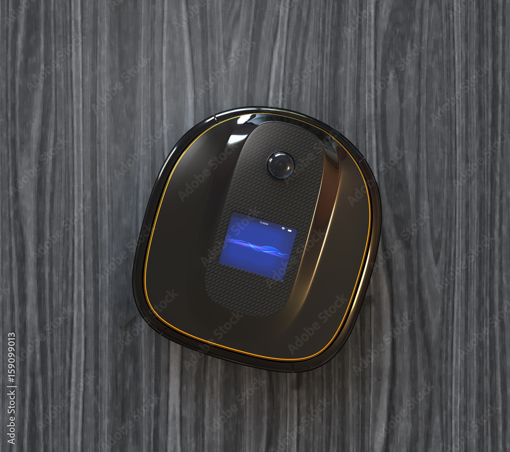 Top view of black robotic vacuum cleaner on laminate flooring. 3D rendering image.