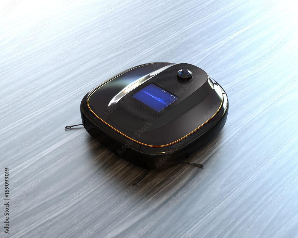 Black robotic vacuum cleaner on laminate flooring. 3D rendering image.