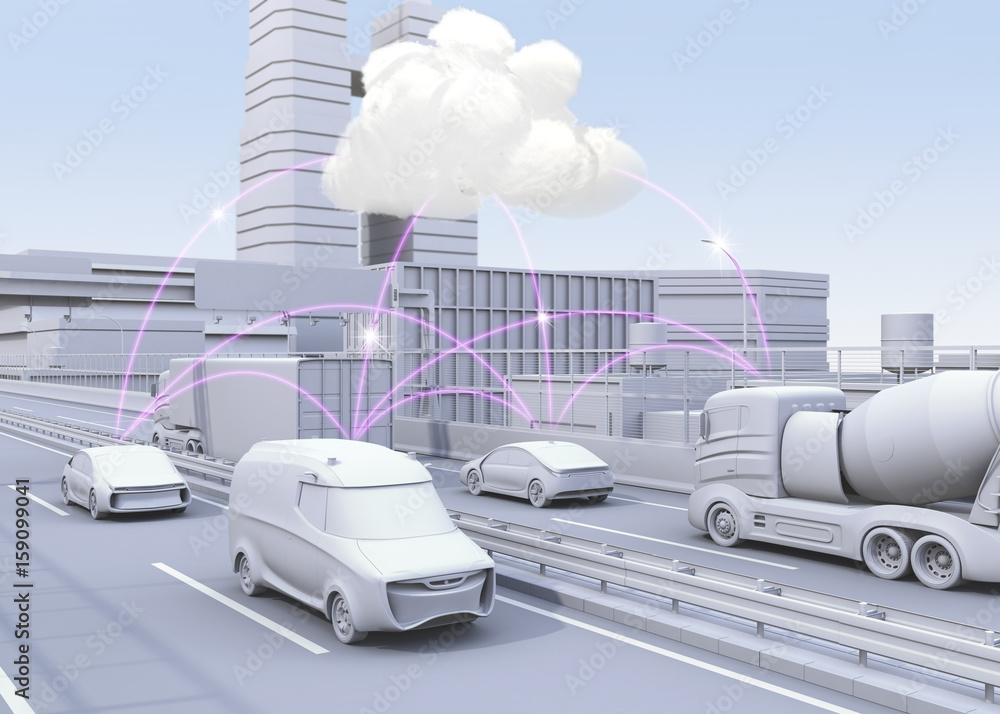 cars on motorway sharing traffic information by computer network. Concept for connected car.  3D ren