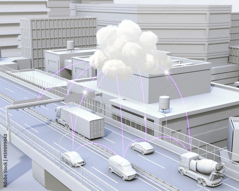 cars on motorway sharing traffic information by computer network. Concept for connected car.  3D ren