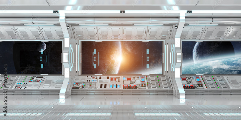 Spaceship interior with view on distant planets system 3D rendering elements of this image furnished