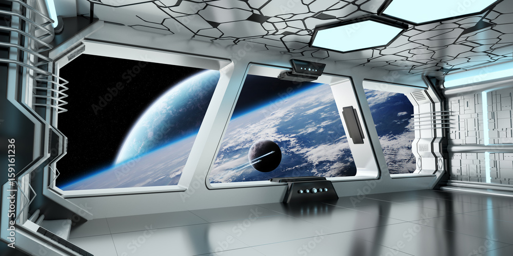 Spaceship interior with view on distant planets system 3D rendering elements of this image furnished